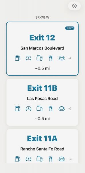 StopAhead showing Exit 12 San Marcos Boulevard with gas, food, and lodging icons